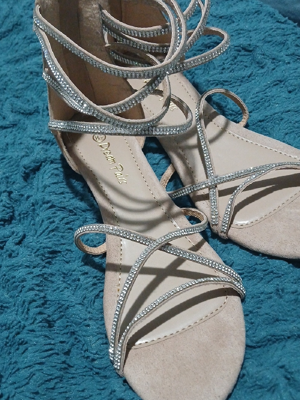 Dream Pairs Nude Beige Rhinestone Strappy Lace-Up Heels